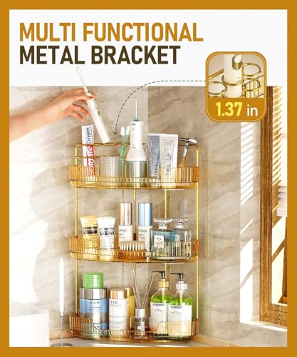 EUHOME 3-Tier Corner Bathroom Counter Organizer Makeup Cosmetic Storage, Tool-Free Installation Acrylic Vanity Shelf, Countertop Storage Organizers Perfume Tray for Bathroom, Dresser, Kitchen (Gold) - color: Gold, size: 9" x 9" x 20.5"