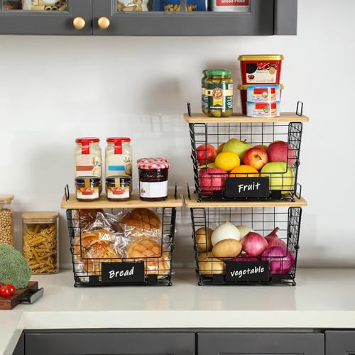 2 Set Large Stackable Wire Basket with Bamboo Tops & Tag- Pantry Organizer and Storage Bins, Kitchen Counter Cabinet Shelf Countertop Under Sink Organizing for Food Snack Produce Onion Potato Bread - size: L