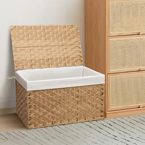 Wicker Storage Basket with Lid, 17.2 Gallon (65L) Small Blanket Basket with Lid, Woven Storage Bin with Handles, Removable Liner, Metal Frame, Foldable, for Bedroom, Laundry Room, Natural - color: Natural, size: 65L:13.4 x 21.9 x 13.4 Inches