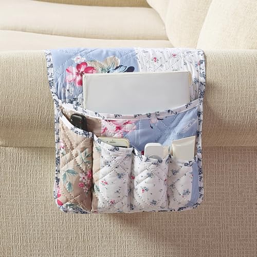 Brilliant Sunshine Pink and Blue Roses Toile Couch Armrest 5 Pockets Organizer, Slip Resistant Armchair Caddy, Washable Remote Controls Holder, Storage for Magazine, Phone, iPad, 35×13", Blue Natural - color: Blue Natural