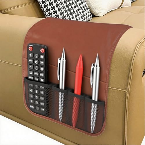 IPENNY No-Slip PU Leather Sofa Armrest Organizer, Remote Control Holder Arm Chair Beside Storage Bag for Recliner with 5 Pockets (Brown) - color: Brown