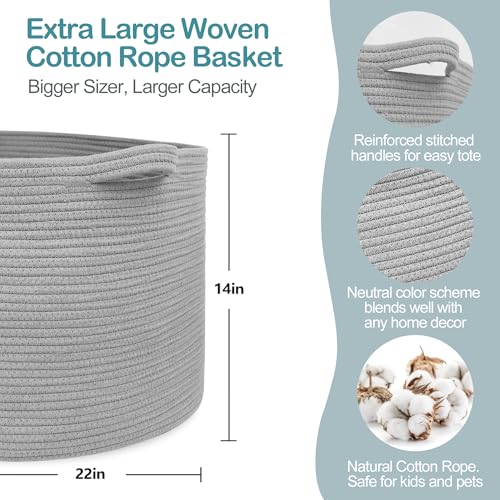 MEGASKET Extra Large Grey Storage Basket, 22" X 22" X 14" XXXL Blanket Basket for Living Room, Gray Wicker Woven Cotton Rope Baskets for Storage, Kids Toy Baskets Bins, Decorative Pillow Towel Basket - color: Gray, size: 22"x22"x14"