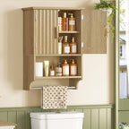 TEENFON Fluted Bathroom Wall Cabinet with Adjustable Shelves and Towel Rack, Wall Mounted Over The Toilet Storage Organizer for Bathroom, Living Room, Natural - color: Natural-22"h