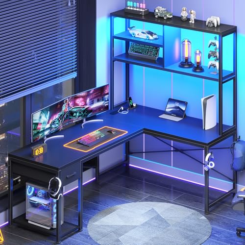 SEDETA L Shaped Gaming Desk, 51.2" Reversible Small Corner Desk with Drawer, Power Outlet & LED Lights, Computer Desk with Storage Shelves for Small Space, Black - color: Black
