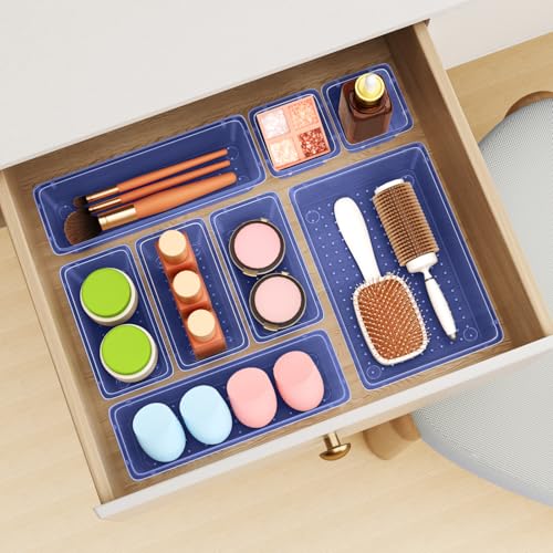ElegantArray 12 PCS Drawer Organizer Set, 4 Sizes Tool Storage Trays, Clear Plastic Makeup Vanity Organizer and Storage Bins for Stationeries, Multiple Gadgets for Office, Bedroom, Navy Blue - color: Navy Blue, size: 12 PCS