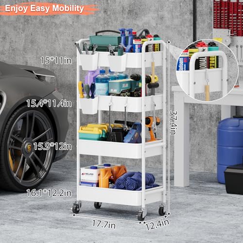 4 Tier Rolling Cart Metal with Wheels, White Four Tiered Rolling Storage Cart on Wheels, Utility Roller Carts Organizer for Art, Craft, Baby Diaper Caddy, Snack, Book, Large-Capacity Shelving Units - color: Light White, size: 4-Tier + Cups + Hooks
