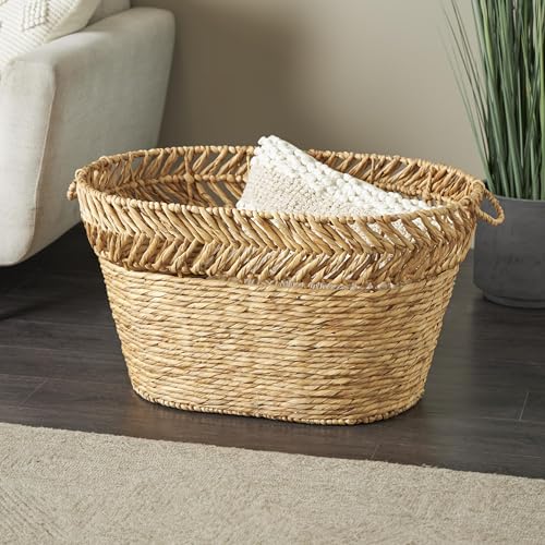 Deco 79 Seagrass Handmade Decorative and Functional Storage Basket Large Woven Oval Basket Organizer with Zig Zag Patterned Rim, Basket for Storage 30" x 20" x 17", Brown - size: 30" x 20" x 17"