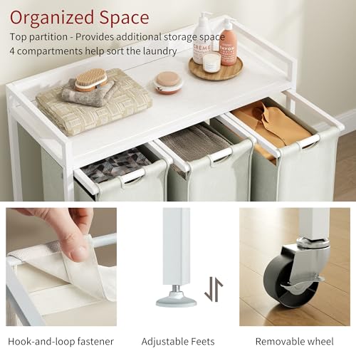 Herture Laundry Hamper with Shelf, Laundry Basket 3 Section, Laundry Sorter with Pull-Out Removable Large Bags and Movable Wheels, Metal Frame, 3 x 15.87 Gallons (60L), White PF04XLW - color: White, size: 3 Bags-180 L