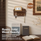 Key Holder Wall Mount, Solid Wood Key Holder for Wall with 4 Brass Hooks & Hidden Magnets, 15° Incline Hooks & Grooved Design to Prevent Slipping, Vintage Brown Key Hanger