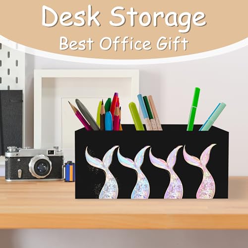 Mermaid Gifts for Girls Women, Pastel Mermaid Beach Pen Pencil Holder Organizer for Desk, Coastal Ocean Wooden Box Block Sign for Home Classroom Dorm Office Tabletop Decor（Black） - color: Black