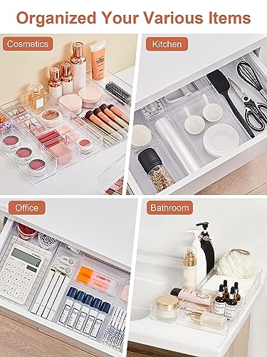 SMARTAKE 20-Piece Drawer Organizer with Non-Slip Silicone Pads, 7-Size Desk Drawer Organizer Trays Storage Tray for Makeup, Jewelries, Utensils in Bedroom Dresser, Office and Kitchen (Clear) - size: 20 PCS