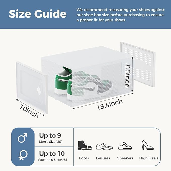 12 Pack Large Shoe Storage Boxes Organizers, Shoe Boxes Clear Plastic Stackable Shoe Containers with Lids, Foldable Space-Saving Storage Bins Shoe Cabinet, Fit up to Men's US 9/Women's US 10, Black - color: Black, size: 12 Pack-L