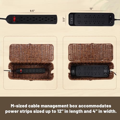 BROWNLILY Cable Management Box, Rattan Style Cord Organizer for Desk Cord Hider Outlet Covers Baby Proofing for Power Strip TV PC Router Charger Under Desk Storage with Lockable Lid and Cable Ties - color: Brown, size: M