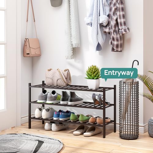 viewcare Long Shoe Rack, Bamboo Wood Shoe Rack for Closet, Entryway & Hallway, 3-Tier Stackable Shoe Shelf - color: Brown, size: 3-Tier Long
