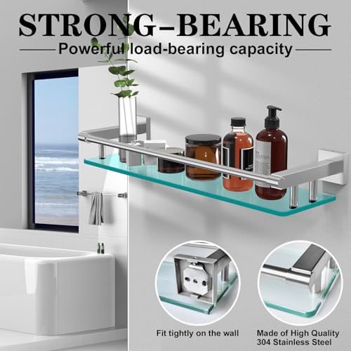 20 Inches Glass Shelf for Bathroom, Brushed Nickel Glass Shelves for Wall with Smooth Stainless Steel Railing, Modern Tempered Glass Organizer Shelf - color: Brushed Nickel, size: 20'' with Railing