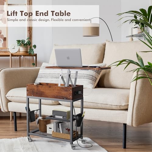 Colima Lift-Top Side Table with Charging Station - Mobile End Table with USB Ports & AC Outlets, Hidden Storage, Wheels - Rustic Wood Nightstand for Living Room, Bedroom, Office - color: Rustic Brown-new