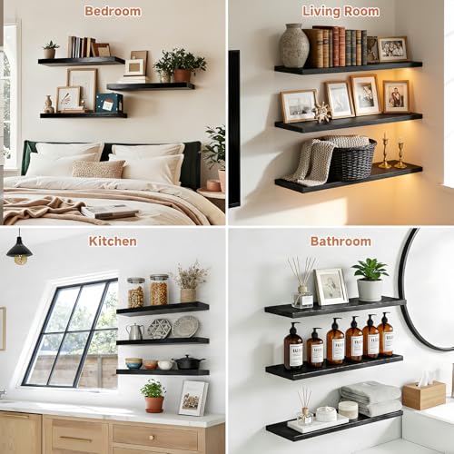 LifetimeWarranty Easy Install Floating Shelves,15.7" Wall Mounted Wooden Shelves, Small Wall Shelves for Storage&Wall Decor,Living Room,Kitchen,Office,Corner Shelf for Photo Book Plants,Set of 3 Black - color: Black Floating