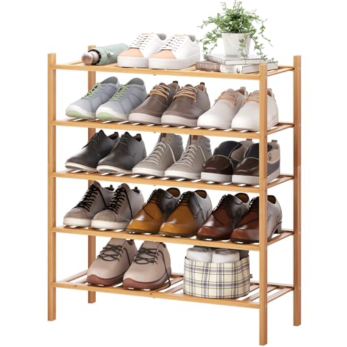 BMOSU 5-Tier Bamboo Shoe Rack Premium Stackable Shoe Shelf Storage Organizer for Hallway Closet Living Room Entryway Organizer (Natural Bamboo) - color: Natural Bamboo, size: 5-Tier（27*11*30.9inches）