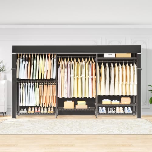 Ulif E13C Max Heavy Duty Closet Organizer System，Freestanding Clothing Racks for Hanging Clothes，Adjustable Garment Rack 86" W x16 D x77 H Hold 1100 lbs，Black Rack with Black Dustproof Cover - color: Black Rack with Black Cover, size: E13C Max