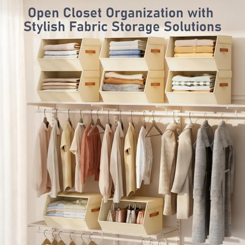 Stackable Closet Organizers and Storage Bins, Open Front Closet Shelf Organizer System With Steel Frame, Clothes Storage Basket Fabric, Collapsible Closet Drawers for Wardrobe, Nursery ,Toy, 4 Pack - color: Beige, size: 15.4 x 12.60 x 9.88. - 4 Pack