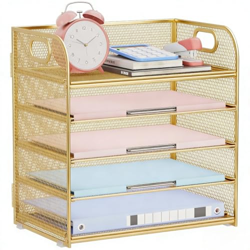Paper Organizer Letter Tray with Handle Mesh 5 Trays Desk File Organizer Paper Sorter Desk Organizer for Office, Home or School-Gold - color: Gold, size: 12.6" x 9.1" x 13.4"