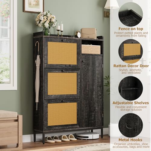 GarveeHome Shoe Cabinet Rattan with 3 Flip Drawers and 4-Tier Shoe Storage Cabinet, Freestanding Shoe Organizer with Adjustable Shelves for Entryway, Closet, Hallway - color: Dark Rustic Oak, size: 3-Drawers + 1-Door