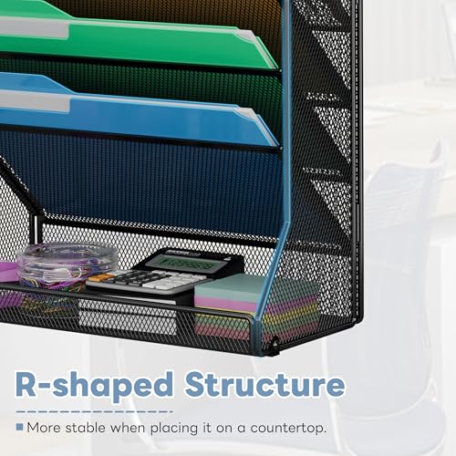 Jakyitvi File Organizer Wall Mounted 5 Tiers, Durable Adjustable Metal Vertical Hanging, Stable R-Shaped Bottom 4 Pull-Out Deviders to Sort File,Mail,Newspaper,Pen, Suitable for Office,Black - size: 5-Tire & Unilateral