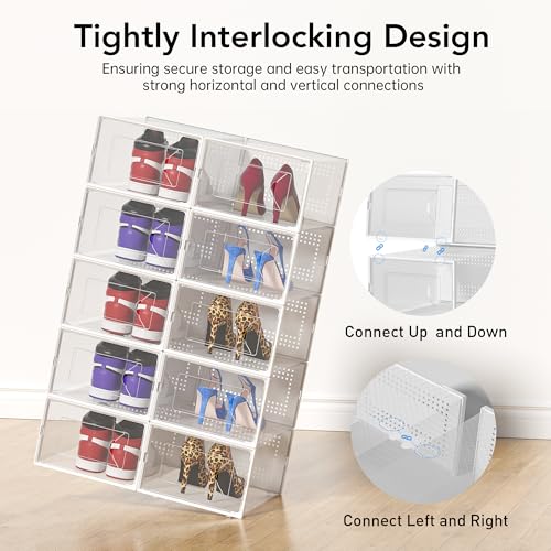 Foluck X-Large Shoe Storage Box, 15 Pack Clear Plastic Stackable Shoe Organizer for Closet, Interlocking Design Shoe Container Bins for Sneakers, Foldable Shoe Rack with Lids, White - color: White
