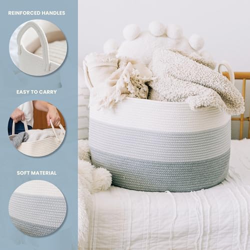 OrganiHaus Large Woven Storage Basket for Blankets and Toys 20" x 13" Inch, Rope Laundry Basket with Handles, Cushions & Pillows Storage Bin, Nursery Hamper, Soft Round Dog Toy Bin - Gray - color: 3-toned Gray, size: Wide