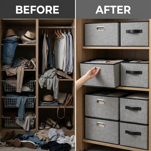 PRANDOM Large Foldable Storage Bins for Shelves [3-pack] Decorative Linen Fabric Storage Baskets Cubes with Leather/Metal Handles for Closet Nursery Office Grey and Black Trim (14.9x9.8x8.3 Inch) - color: Grey&black Trim, size: Large(3-Pack)