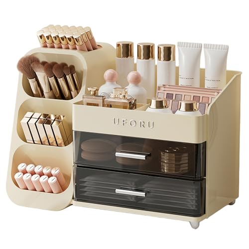 Makeup Organizer for Vanity with Brush Holder, Large Plastic Bathroom Countertop Skincare Organizer with 2 Drawers, Spacious Cosmetic Display Case for Perfumes, Eyeshadow Palettes, Nail Polishes - color: Cream White, size: Large