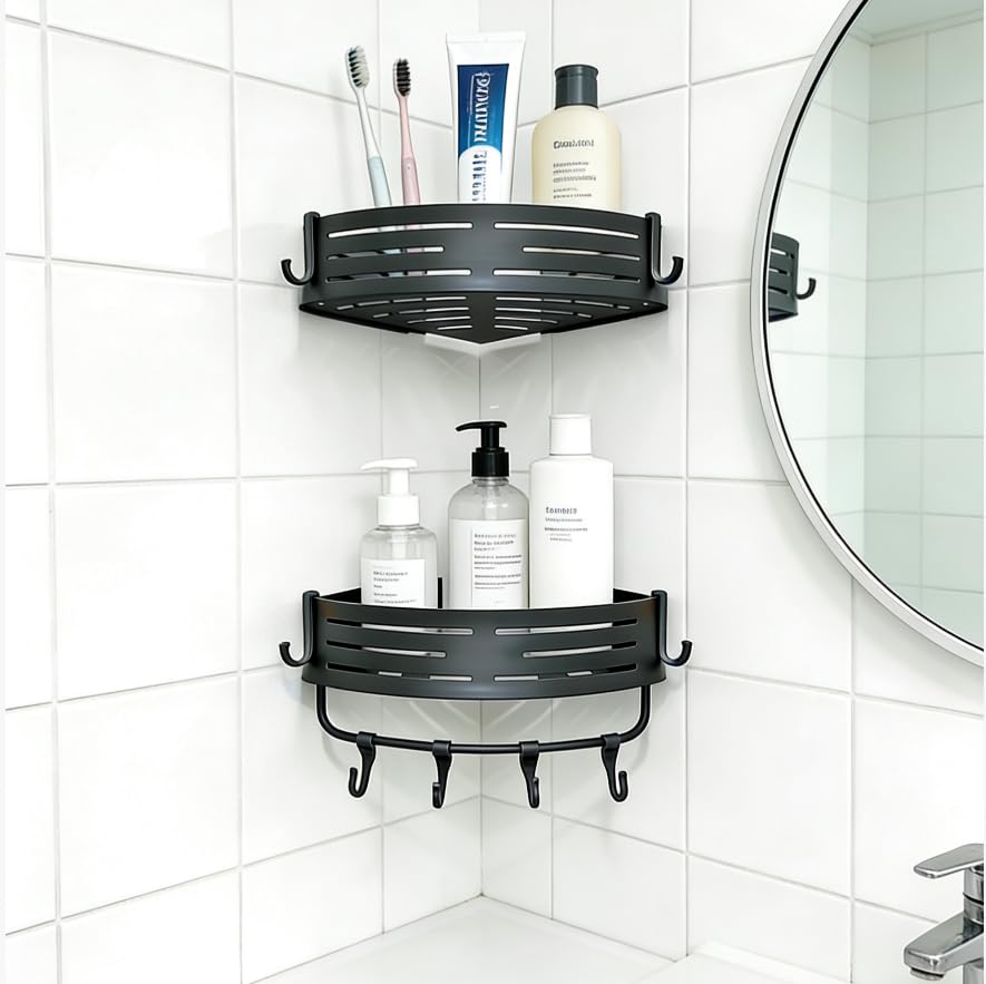 Adhesive Corner Shower Caddy, 2-Tier Rustproof Aluminum， Bathroom Organizer with Towel Hanger, No Drilling， Shower Shelf, Gunmetal Gray - color: Gunmetal Gray