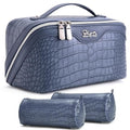 BOYATU Travel Makeup Bag Cosmetic Bags for Women: 3 Pcs Set Large Capacity Make up Bag with Handle - Crocodile Pattern Vegan Leather Toiletry Bags Travel Essentials with Compartments(E-3-Blue) - color: E-3-Blue