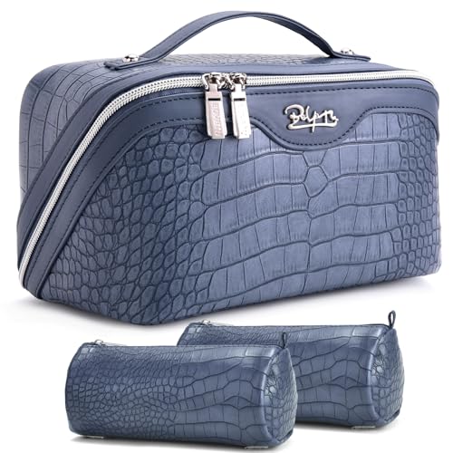 BOYATU Travel Makeup Bag Cosmetic Bags for Women: 3 Pcs Set Large Capacity Make up Bag with Handle - Crocodile Pattern Vegan Leather Toiletry Bags Travel Essentials with Compartments(E-3-Blue) - color: E-3-Blue