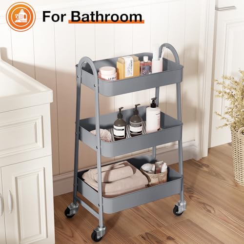 NEWBULIG 3-Tier Rolling Utility Cart with Locking Wheels, Slim Metal Mobile Storage Organizer Shelf for Small Spaces, Bathroom, Living Room, Grey - color: Gray, size: 3-Tiers