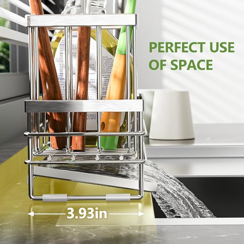 Cisily Sink Caddy Sponge Holder for Kitchen with Brush Holder and Stainless Steel Self Drain Tray, Rustproof Kitchen Sink Organizer for Sponge, Soap Dispenser Storage Accessories (Stainless Steel) - color: Stainless Steel