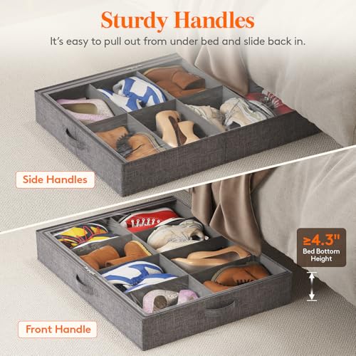 Lifewit Under Bed Shoe Storage Organizer Fits 8 Pair Sneakers, 4.3 Inches Tall Sturdy Structure Ultra Thick Fabic Sneaker Storage, Foldable Underbed Shoe Boxes for Heels, Boots, Sports Shoes 2 Pack - size: 50L