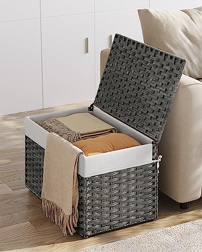SONGMICS Storage Basket with Lid, Woven Blanket Storage Bin with Handles, Foldable, Removable Liner, Metal Frame, for Bedroom, Laundry Room, 27.7 Gallons (105 L), Gray URST066G01 - color: Gray, size: 105 L