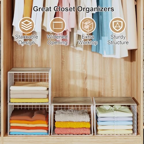 Closet Organizers And Storage Shelf, 3Pack Stackable Closet Storage Bin Basket For Clothes Sweaters With Top Board, Widened Opening, Heightened Height, Large Capacity Sturdy Clothing Storage Organizer - color: White, size: 3 Pack