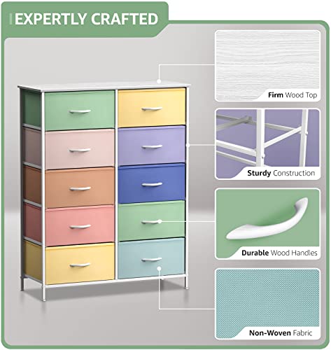 Sorbus Kids Dresser with 10 Drawers - Storage Unit Organizer Chest for Clothes - Bedroom, Kids Room, Nursery, & Closet - Steel Frame, Wood Top & Handles, and Easy Pull Fabric Bins - color: Pastel 2, size: 10 Drawer