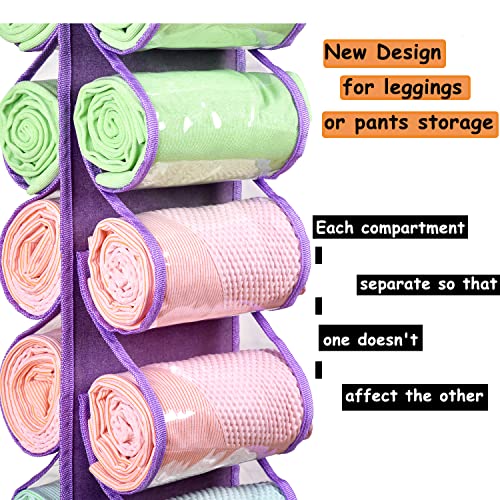 Legging Storage Bag Storage Hanger Can Holds 24 Leggings or Shirts Jeans Compartment Storage Hanger, Foldable Leggings Organizer Clothes Portable Closets Roll Holder (Purple) - color: Purple