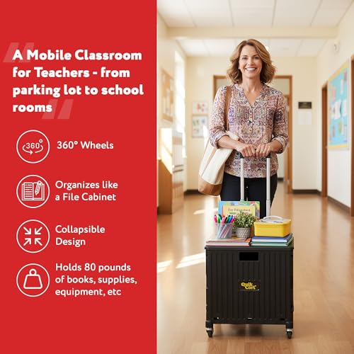 dbest Products Quik Cart 360 Rolling Crate with Wheels - Collapsible Utility Cart for Teachers & Home - Heavy Duty Folding Cart with Seat - 80 lb Capacity - Black - color: Black, style: 360