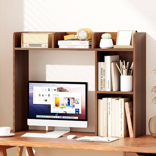 Tangkula Desktop Bookshelf, Countertop Storage Hutch with Shelves for Computer Desk, Desk 3-Tier Display Rack, Multipurpose Wood Desktop Hutch Storage Organizer for Dorm Office (Walnut,5 Shelves) - color: Walnut, size: 5 Shelves