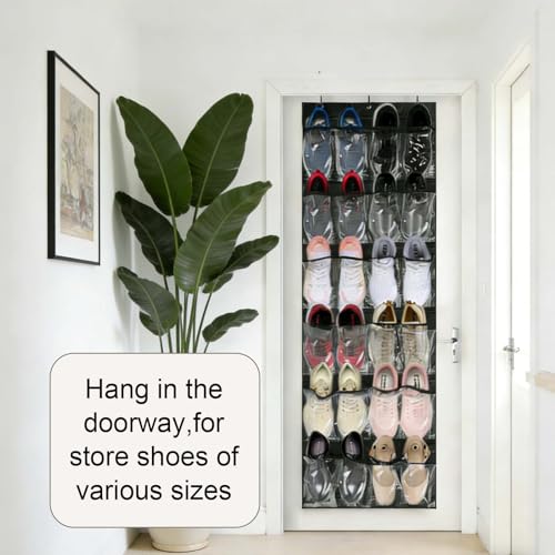 24 Pockets Over the Door Shoe Organizer, Large Hanging Shoe Rack for Door, Mesh Pocket for Closet with 3 Metal Hooks, Jewelry Organizer Holder for Sneakers Men Women Bedroom (Black) (Black) - color: Black