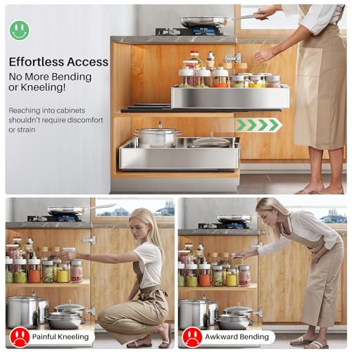 Pull out Cabinet Organizer, Stainless Steel Expandable(12"-20") Heavy Duty Slide out Drawers Fixed with Adhesive Nano Film for Pots, Roll out Shelf Storage for Kitchen Base(Silver-2pcs)(3 Rails) - color: Silver, size: 21"D×12"-20"W(2 Pack)