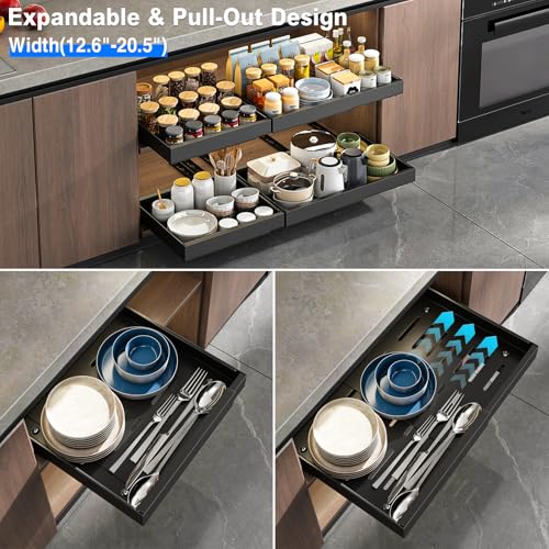 Mustorn 2 Pack Pull Out Cabinet Organizer, Expandable Slide Out Drawers for Kitchen Cabinets Peel and Stick Pullout Drawer Heavy Duty Sliding Shelves for Cupboard, Pantry, Bathroom(16.5" Deep, Black) - color: Black, size: 16.5"D*(12.6-20.5"W)*2.95"H