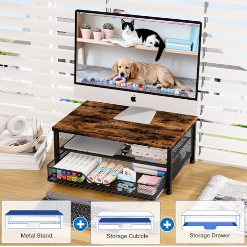 OPNICE Computer Monitor Stand Riser, Desk Organizer with Drawer, Printer & Laptop Stand, Office Desk Accessories & Workspace Desktop Organizers Storage for Office Supplies(Brown) - color: Brown