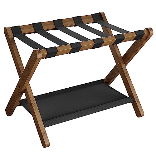 SONGMICS Luggage Rack, Folding Suitcase Stand with Storage Shelf, for Guest Room, Hotel, Bedroom, Heavy-Duty, Holds up to 131 lb, Walnut Brown URLR007D01 - color: Walnut Brown, size: 1 Pack