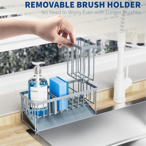 Cisily Sink Caddy Organzier with High Brush Holder, Sponge Holder for Sink, 304 Rustproof Stainless, Kitchen Countertop Soap Dispenser Organizer, Gray Blue Kitchen Decor and Accessories - color: Grey Blue, size: 9.25″