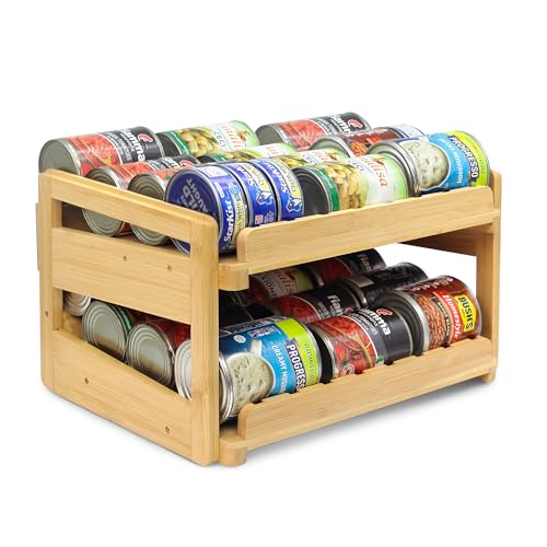 MinBoo Adjustable Can Organizer Rack, Two Tier Bamboo Stackable FIFO Cans Dispenser, Modern Style, Countertop, Assembly Required, Anti Shedding